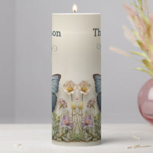 Vintage Blue Butterfly Floral Garden Family Pillar Candle
