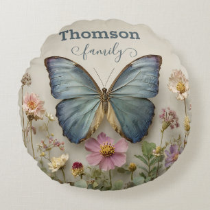 Vintage Blue Butterfly Floral Garden Family Round Pillow
