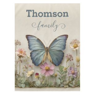 Vintage Blue Butterfly Floral Garden Family Tablecloth