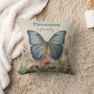 Vintage Blue Butterfly Floral Garden Family Throw Pillow