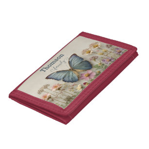 Vintage Blue Butterfly Floral Garden Family Tri-fold Wallet