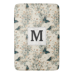 Vintage Blue Butterfly Floral Monogram Bath Mat