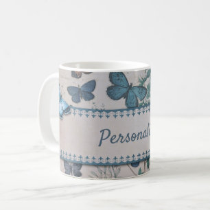 Vintage Blue Butterfly Pattern Personalized Coffee Mug