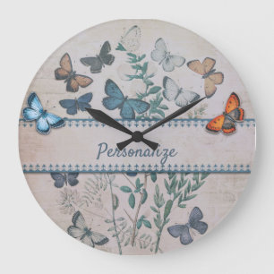 Vintage Blue Butterfly Pattern Personalized Large Clock