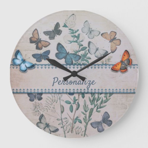 Vintage Blue Butterfly Pattern Personalized  Large Clock