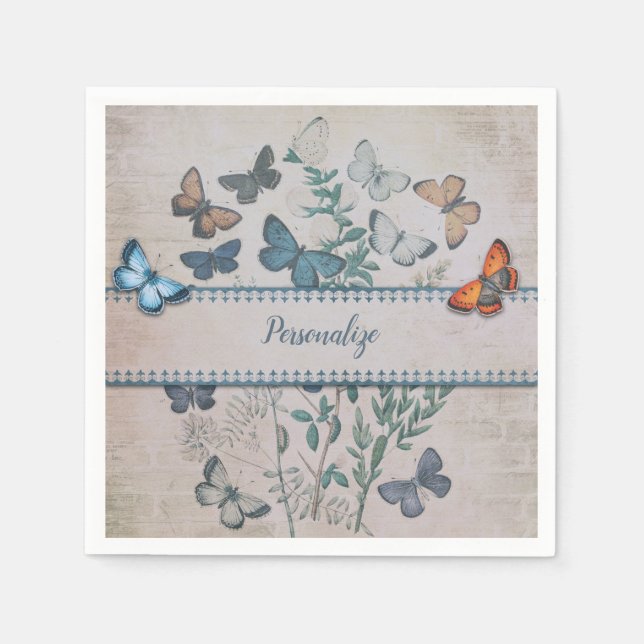 Vintage Blue Butterfly Pattern Personalized Napkins (Front)