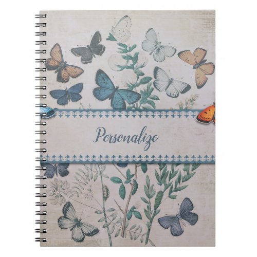 Vintage Blue Butterfly Pattern Personalized Notebo Notebook