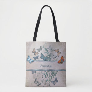 Vintage Blue Butterfly Pattern Personalized Tote Bag