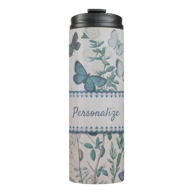 Vintage Blue Butterfly Pattern Personalized Travel Thermal Tumbler (Front)