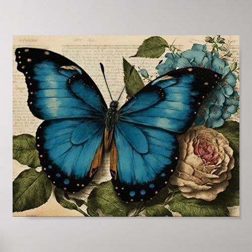 Vintage Blue Butterfly Pink Rose Blue Hydrangea  Poster