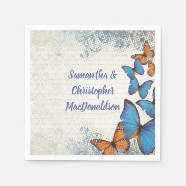 Vintage blue butterfly wedding napkins (Front)