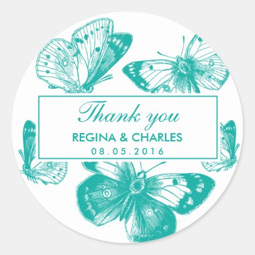 Vintage Blue Butterfly Wedding Thank You Sticker