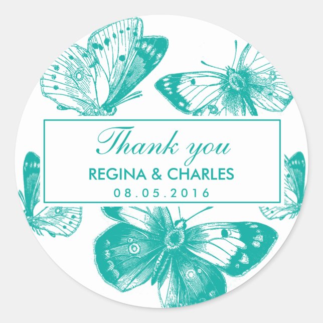 Vintage Blue Butterfly Wedding Thank You Sticker (Front)