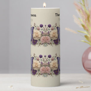 Vintage Blue Butterfly with Floral for Family Pillar Candle