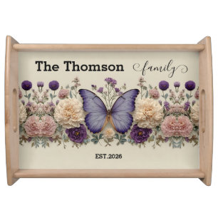 Vintage Blue Butterfly with Floral for Family Serving Tray