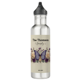 Vintage Blue Butterfly with Floral for Family Stainless Steel Water Bottle
