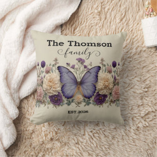 Vintage Blue Butterfly with Floral for Family Throw Pillow