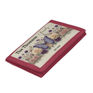 Vintage Blue Butterfly with Floral for Family Tri-fold Wallet