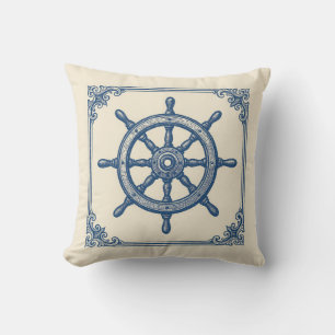 Vintage Blue Captain's Wheel Nautical Coastal Throw Pillow