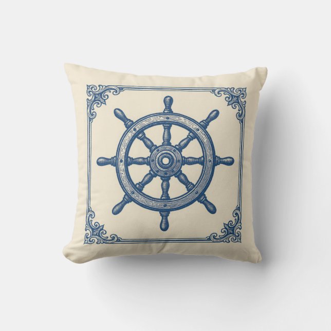 Vintage Blue Captain's Wheel Nautical Coastal Throw Pillow (Front)
