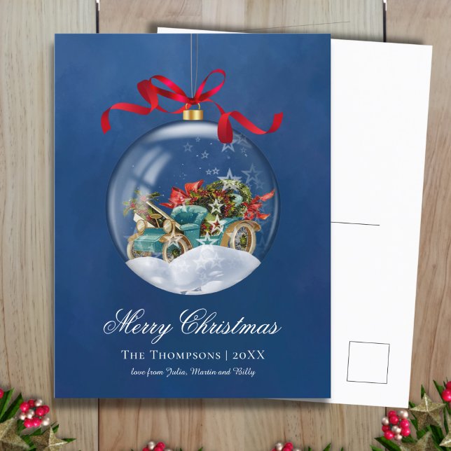 Vintage Blue Car Christmas  Holiday Postcard (Creator Uploaded)
