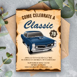 Vintage Blue Car Classic Birthday Invitation<br><div class="desc">Invite your guests with this vintage birthday party invite featuring a beautiful vintage car and retro typography against a parchment background. Simply add your event details on this easy-to-use template to make it a one-of-a-kind invitation. Flip the card over to reveal a rustic barn wood texture on the back of...</div>