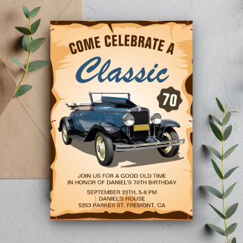 Vintage Blue Car Classic Birthday Invitation by ShabzDesigns at Zazzle