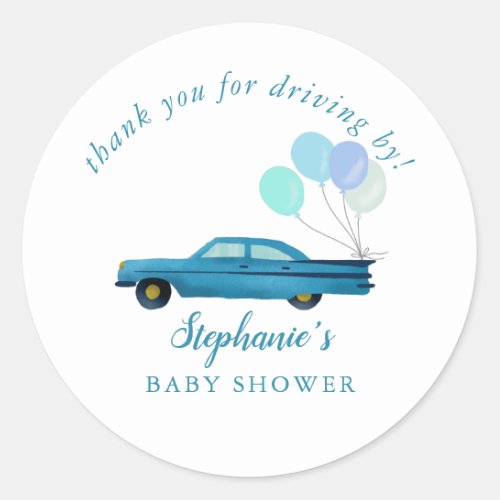Vintage Blue Car Drive By Baby Shower Classic Round Sticker