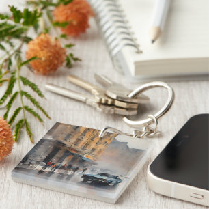 Vintage Blue Car in Foggy Cityscape Keychain