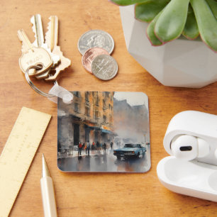 Vintage Blue Car in Foggy Cityscape Keychain