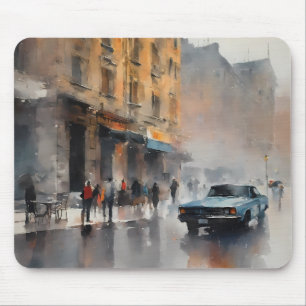 Vintage Blue Car in Foggy Cityscape Mouse Pad