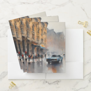Vintage Blue Car in Foggy Cityscape Pocket Folder