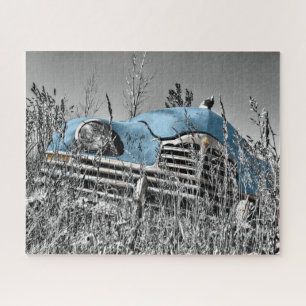 Vintage Blue Car in Grassy Field Jigsaw Puzzle