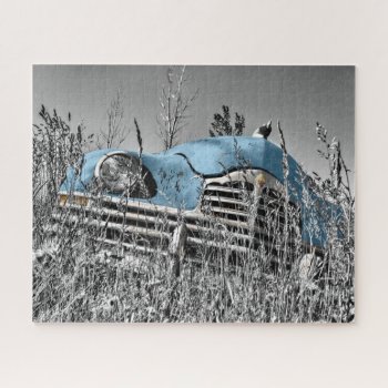 Vintage Blue Car In Grassy Field Jigsaw Puzzle by vintagehummingbird at Zazzle