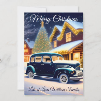 Vintage Blue Car - Merry Christmas Holiday Card