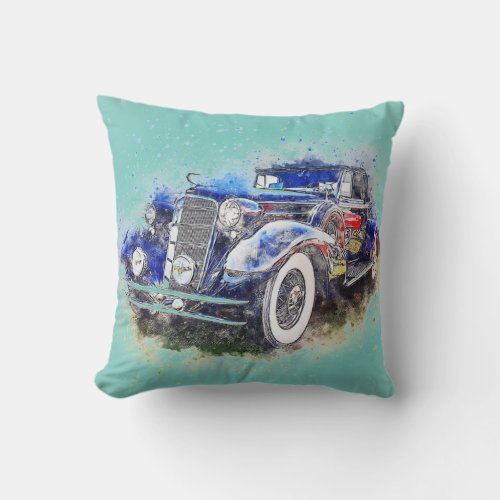 Vintage Blue Car Throw Pillow