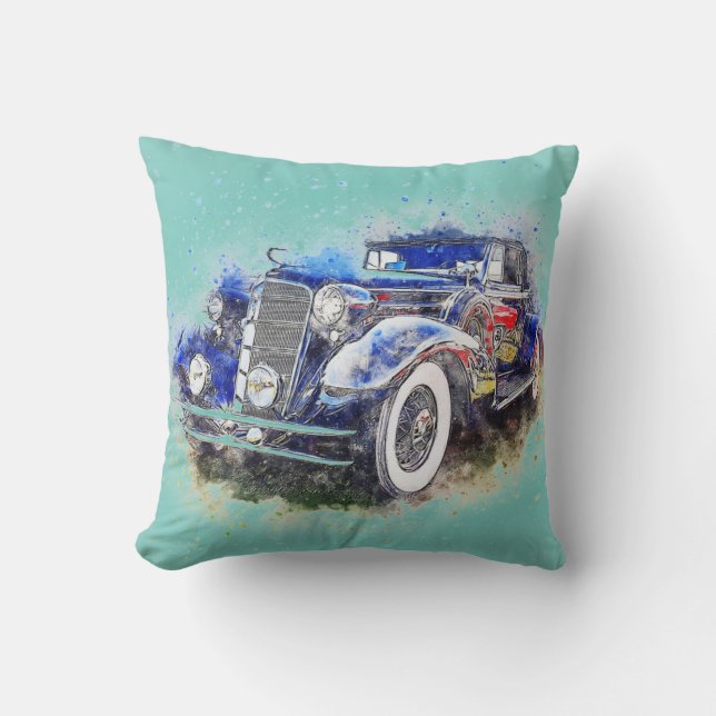 Vintage Blue Car Throw Pillow (Front)