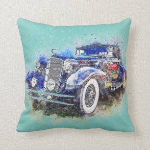 Vintage Blue Car Throw Pillow