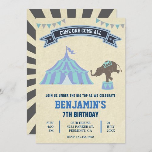 Vintage Blue Carnival Circus Birthday Party Invitation