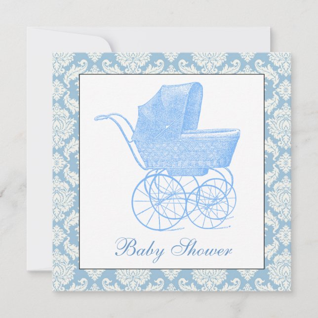 Vintage Blue Carriage Pram Baby Boy Shower Invitation (Front)