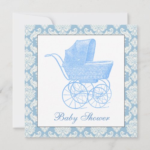 Vintage Blue Carriage Pram Baby Boy Shower Invitation