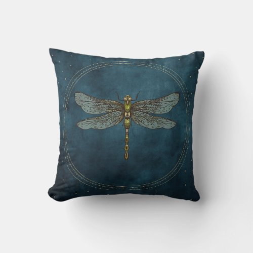 Vintage Blue Celestial Mystical Dragonfly  Throw Pillow