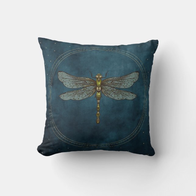 Vintage Blue Celestial Mystical Dragonfly  Throw Pillow (Front)
