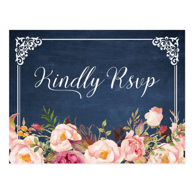 Vintage Blue Chalkboard Floral Wedding RSVP Postcard