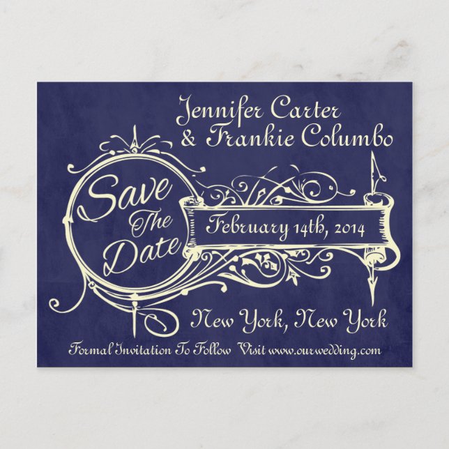 Vintage Blue Chalkboard Save The Date Announcement Postcard (Front)