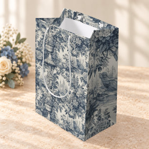 Vintage Blue Chic Toile de Jouy Floral Monogram Medium Gift Bag