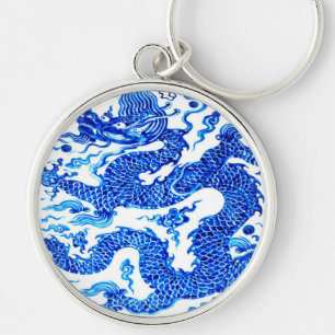 Vintage Blue Chinese Dragon Porcelain Vase Art Keychain