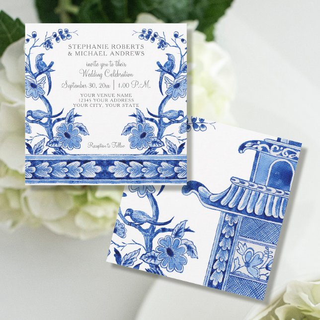 Vintage Blue Chinoiserie Asian Floral Watercolor Invitation (Creator Uploaded)