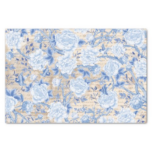 Vintage Blue Chinoiserie Bird  Floral Decoupage Tissue Paper