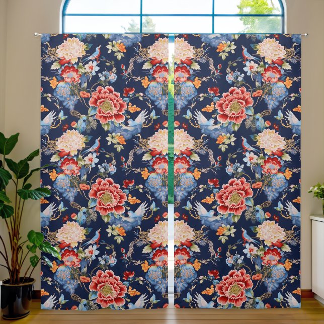 Vintage blue chinoiserie blackout curtains (Living Room)